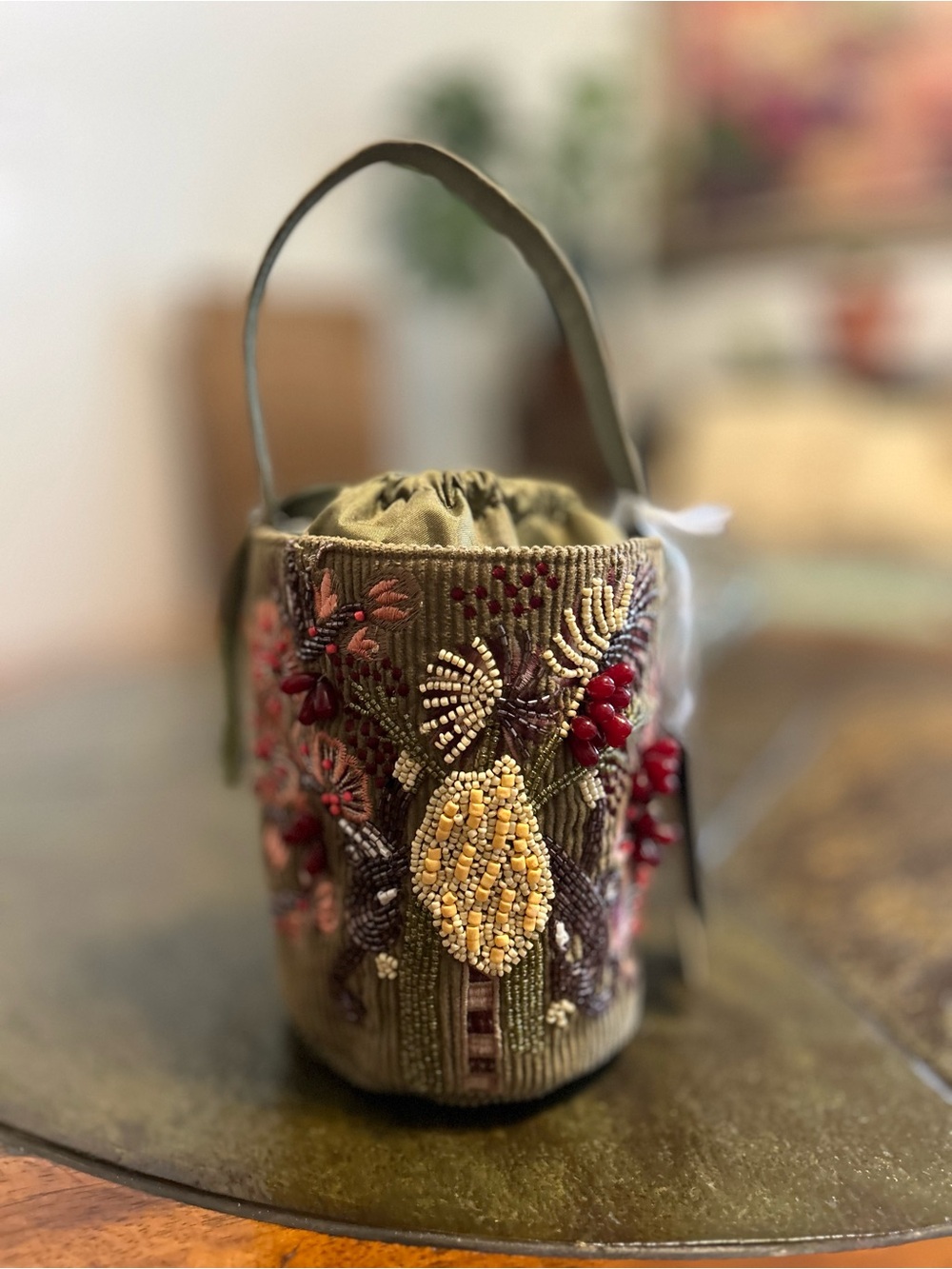 Olive Beaded Floral Wristlet Clutch